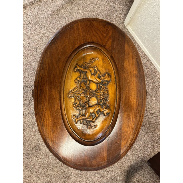 1940s Antique French Renaissance Style Wood & Glass Top Tray Coffee Table With Carved Cherubs For Sale - Image 5 of 17