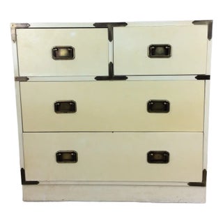 Mid Century White Lacquer Campaign Style Chest of Drawers For Sale