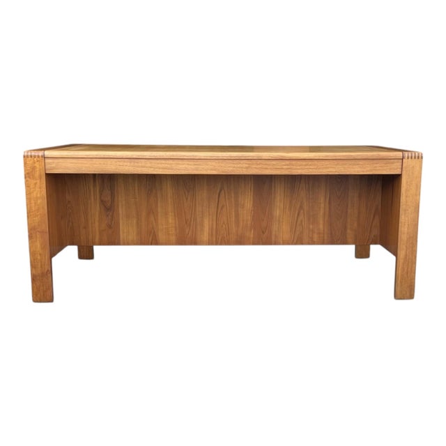 Auburn Mid-Century Modern Teak Executive Desk – Danish Style Double Pedestal Desk With Brass Pulls For Sale - Image 8 of 17