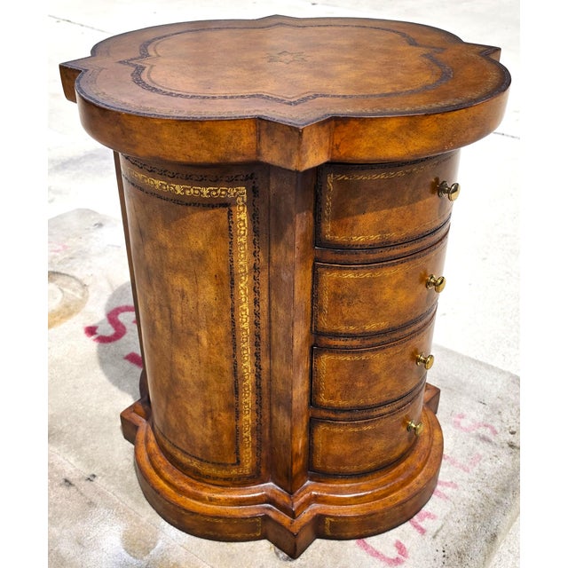 Maitland Smith English Regency Tooled Leather Quatrefoil Drum Chest Side Table For Sale - Image 11 of 14