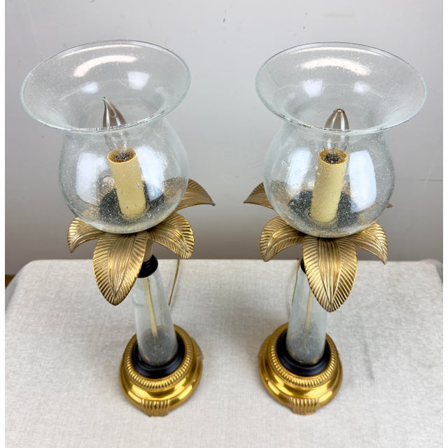 Frederick Cooper Vintage Hollywood Regency Coastal Brass Palm Hurricane Shade Frederick Cooper Style Table Lamps - a Pair For Sale - Image 4 of 11