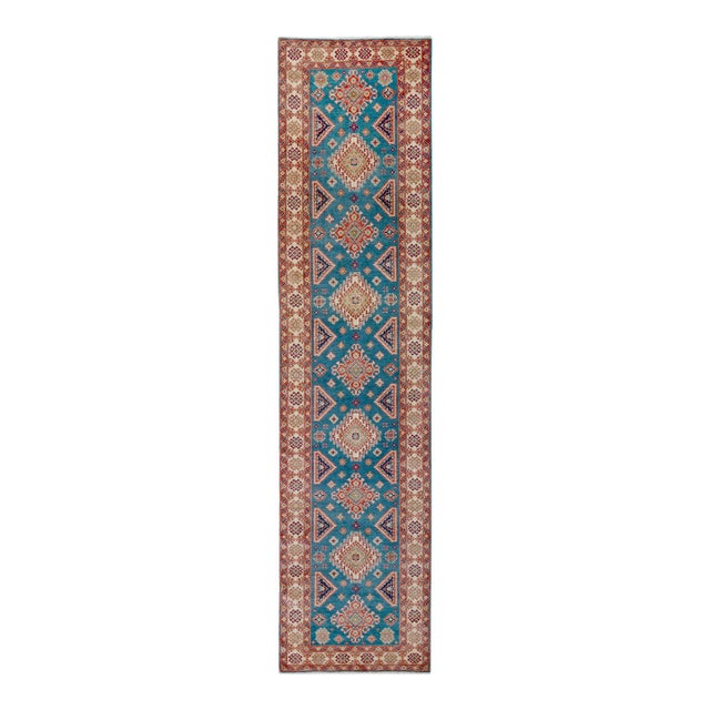 Bohemian Kazak Mervin Ivory/Red Wool Runner Rug - 4'0''x16'2'' For Sale