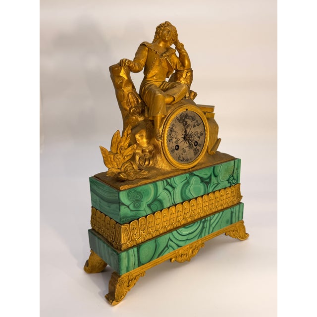 Antique Charles X Period Ormolu and Malachite Figural Mantel Clock For Sale - Image 4 of 9