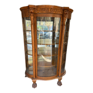 Antique Victorian Oak Curved Glass China Cabinet With Griffin Carvings Attributed to R.J. Horner