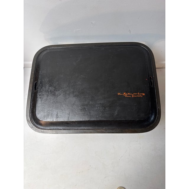 Green Antique Painted Metal Tray on Stand Depicting a Chinese Ceremonial Landscape For Sale - Image 8 of 10