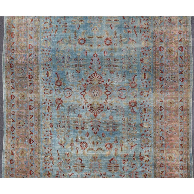 Blue Background Antique Persian Mohajerah Rug With Salmon, Blue, Green, and Red For Sale In Atlanta - Image 6 of 15