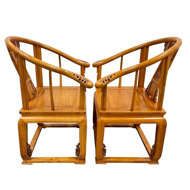 Vintage Chinese Camphor Wood Horseshoe Back Armchairs Set For Sale - Image 11 of 13