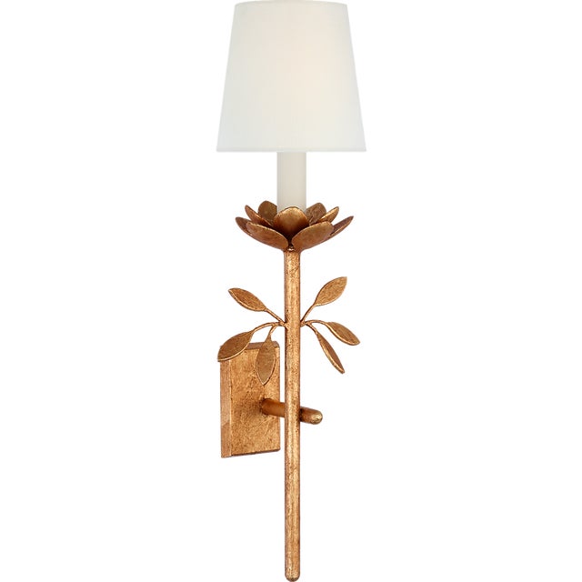 Julie Neill for Visual Comfort Signature Clementine 22" Tail Sconce in Antique Gold Leaf with Linen Shade For Sale