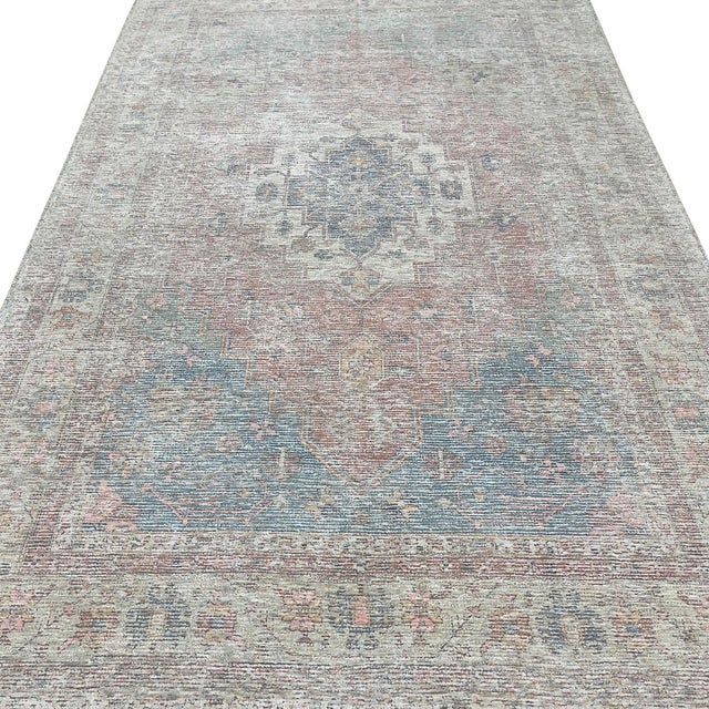 6x9 Blue Rose Distressed Medallion Hand-Knotted Wool Rug For Sale In New York - Image 6 of 6