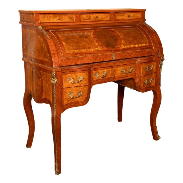 Antique French Louis XV Cylinder Marquetry & Ormolu Bureau Writing Desk 1880 For Sale