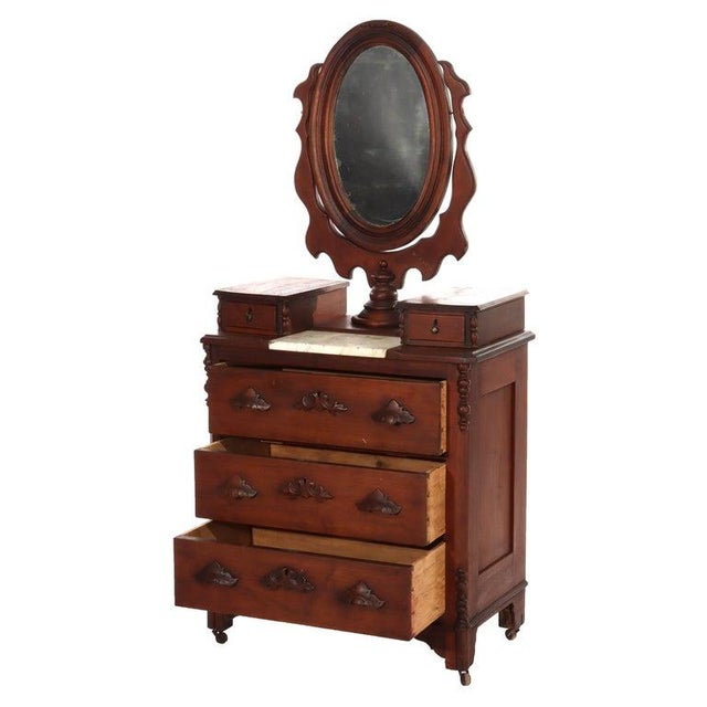 Antique Walnut 5 Drawer Marble Top Child’s Dresser With Mirror And Carved Pulls Unsigned C1890 Measures - 59 1/4" x 28...