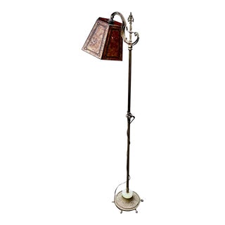 Antique Early 20th Century Brass and Marble Bridge Floor Lamp With Handmade Art Deco Mica Shade For Sale