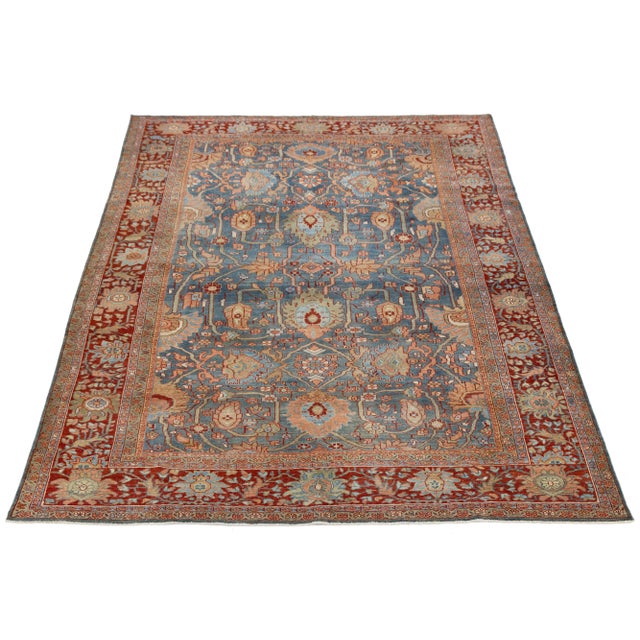 Persian 8 X 12 Antique 1900s Sultanabad Rug – Hand-Knotted Wool in Blue For Sale - Image 3 of 9