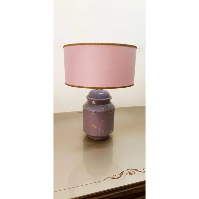 Textile Ceramic Light with Purple Lampshade For Sale - Image 7 of 12