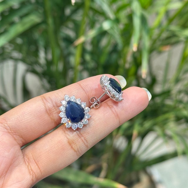 8.01ct Royal Blue Sapphire & 2.19ct Diamond Halo Pear Stud Earrings in 14k White Gold- A Pair For Sale In New York - Image 6 of 16