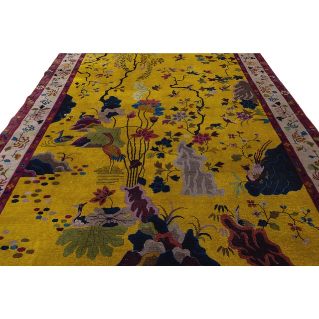 Antique Chinese Art Deco "Peking" Gold Wool Area Rug Garden Motif (1920s) For Sale - Image 11 of 12