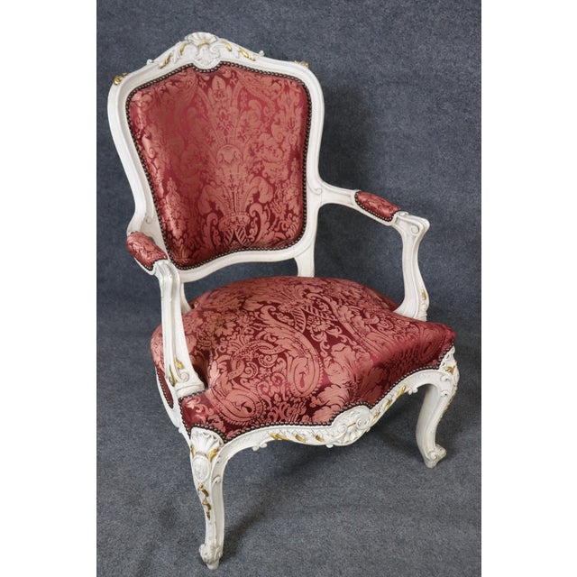 Red Louis XV Style Painted Armchairs With Red Silk Upholstery a Pair For Sale - Image 8 of 12