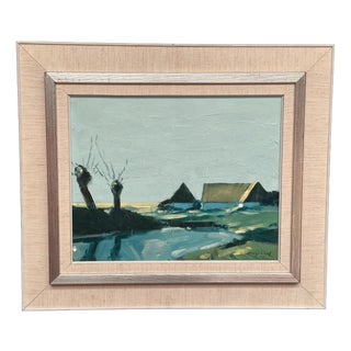 Bengt Hillgrund, Farm by the Lake, 1950s, Oil Painting on Canvas, Framed For Sale