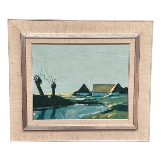 Bengt Hillgrund, Farm by the Lake, 1950s, Oil Painting on Canvas, Framed For Sale