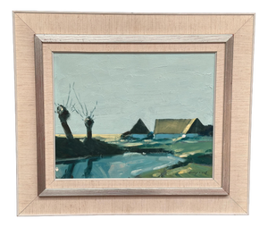Bengt Hillgrund, Farm by the Lake, 1950s, Oil Painting on Canvas, Framed
