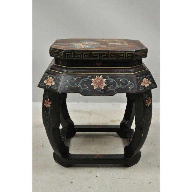 Vintage Chinese Pedestal Plant Stand Black Lacquer Bird Flower Painted