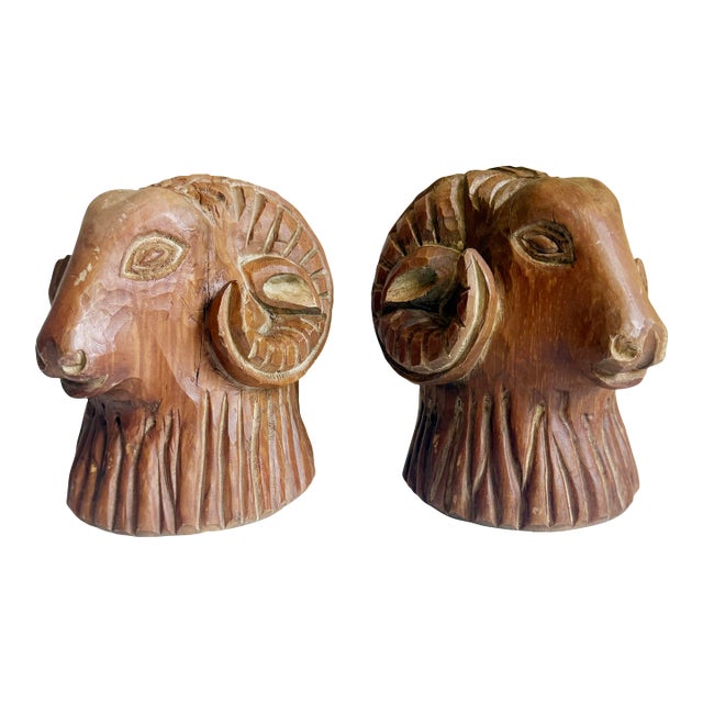 Carved Wood Rams Head Bookends by Sarreid Spain 1970s - A Pair For Sale
