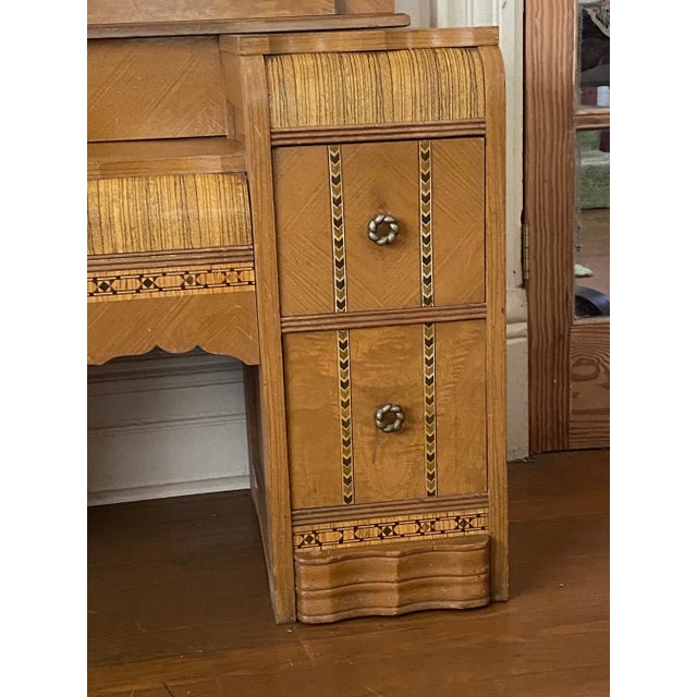 Early 20th Century Vintage Art Nouveau Vanity Desk & Mirror Waterfall Front For Sale - Image 4 of 13