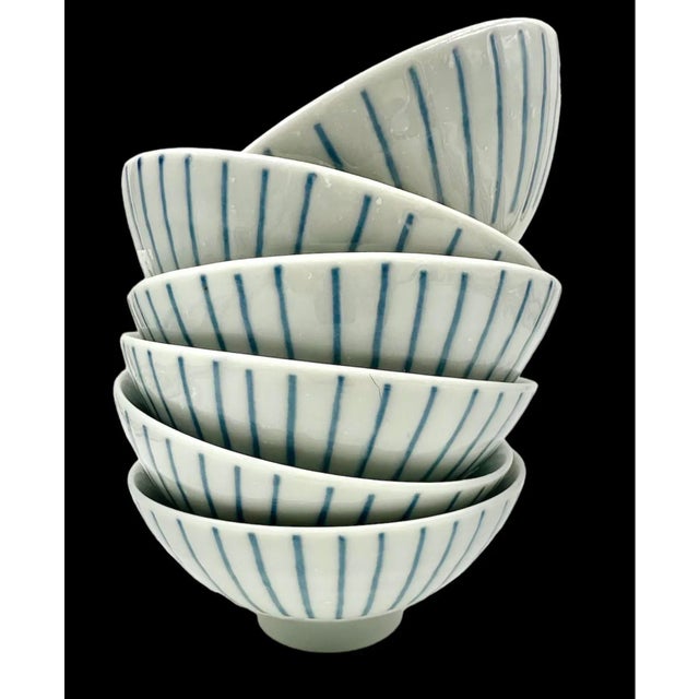 Mid Century Japanese Rice Bowls Blue and White Lines Set of Six Soup ...