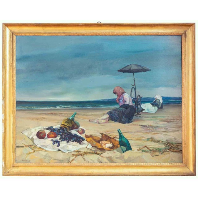 1950s Renzo Vespignani, On the Beach, Oil on Canvas, 1955 For Sale - Image 5 of 5