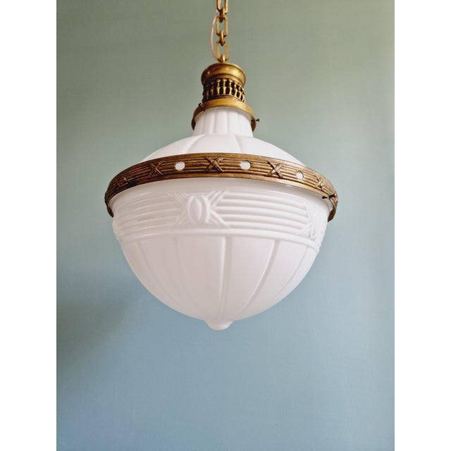 Large Art Deco Pendant Light in Milky White Glass and Openwork Brass, 1920s For Sale - Image 4 of 16