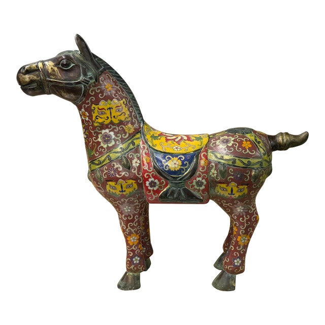 Vintage Oriental Chinese Reddish Maroon Cloisonne Metal Horse Figure A For Sale
