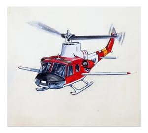 Mid Century Illustration Painting of Red Helicopter