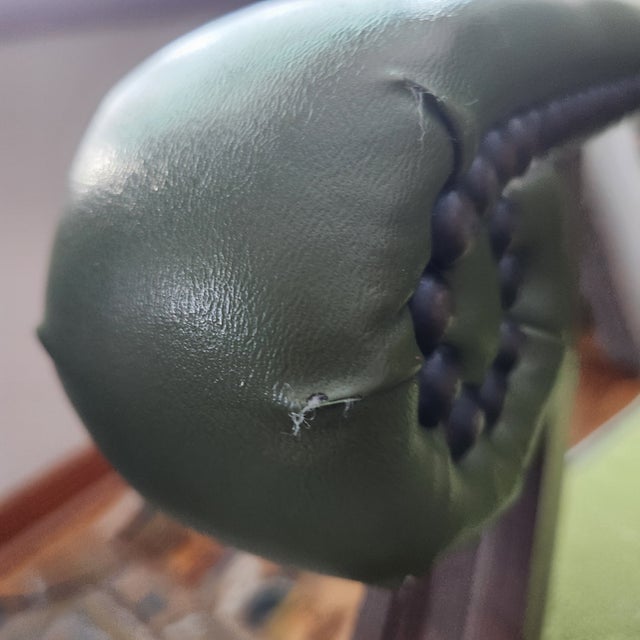 Mid 20th Century MCM Library Chair Moss Green Leather Blend/Woven Fabric With Button Tuft & Nailtacks, Swirled Arms, Dark Wood, Executives For Sale - Image 10 of 13