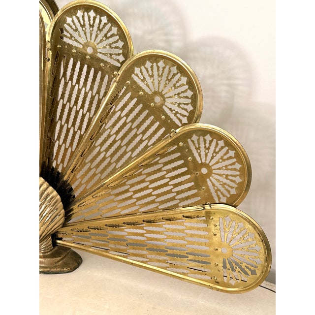 Vintage Brass Peacock Folding Fireplace Screen With Shell Motif For Sale - Image 11 of 15