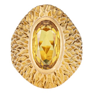 60s Portuguese Citrine Ring 19k Yellow Gold Cocktail Dome Fine Jewelry 7.5 For Sale