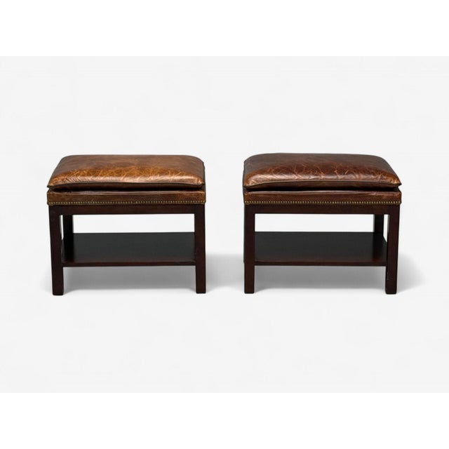 Traditional Georgian Style, Distressed Brown Leather, Mahogany, Ottomans, Usa, 20th C. For Sale - Image 3 of 8