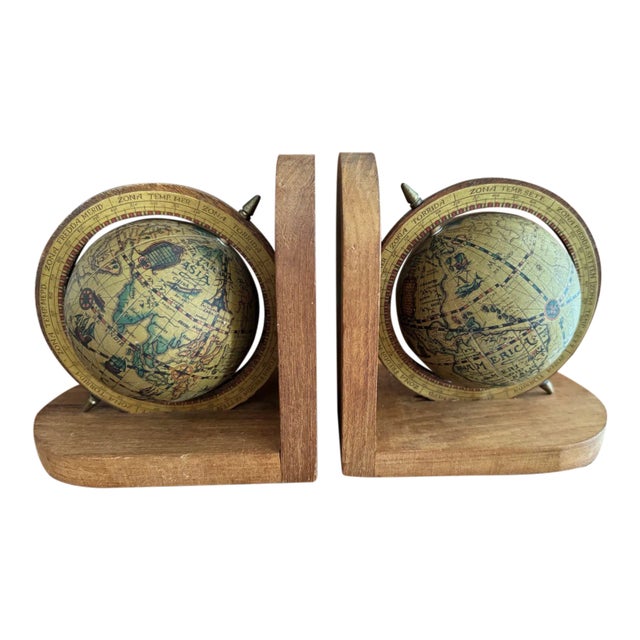 Pair of 1970s Old World Wood Globe Bookends For Sale