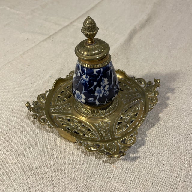 Late 19th Century English Brass & Porcelain Renaissance Revival Inkwell For Sale - Image 4 of 5