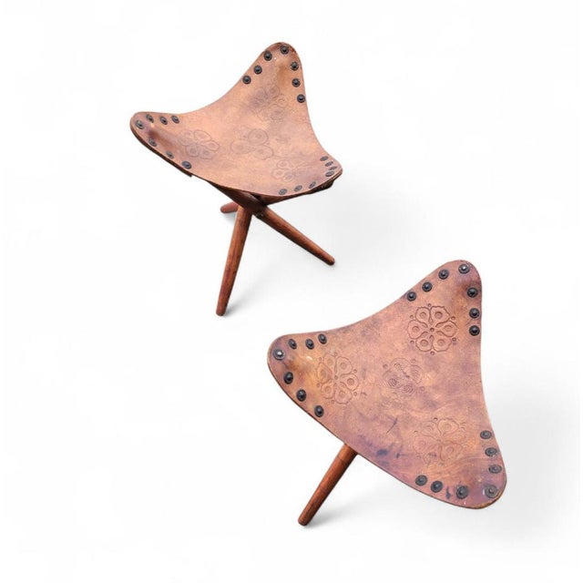 Vintage Tooled Leather Tripod Chairs, Set of 2 For Sale - Image 5 of 18