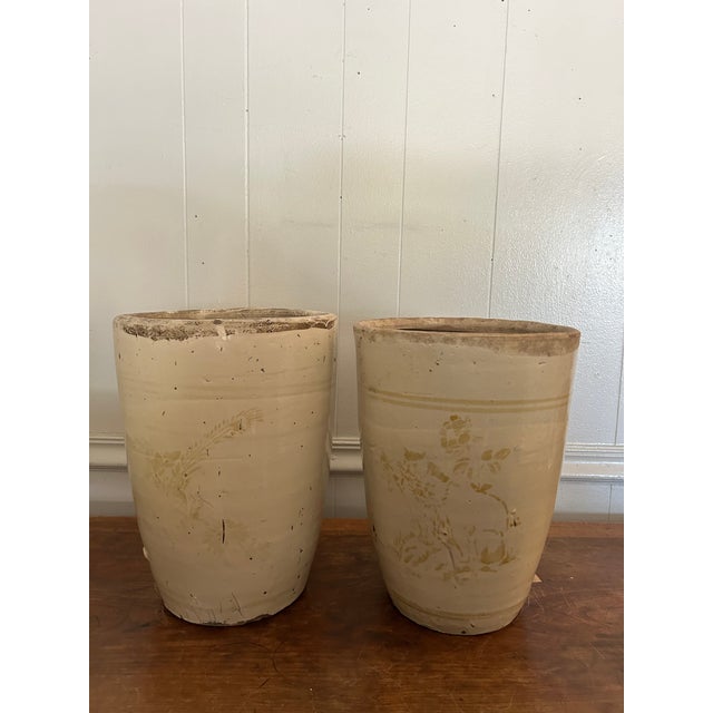 Antique Pair of Stoneware Crocks also referred to as "water pots" or "butter crocks". Beige glazed exterior with faint...