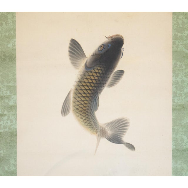 1930s "Leaping Carp", Early Showa Era Japanese Silk Scroll Painting For Sale - Image 5 of 18