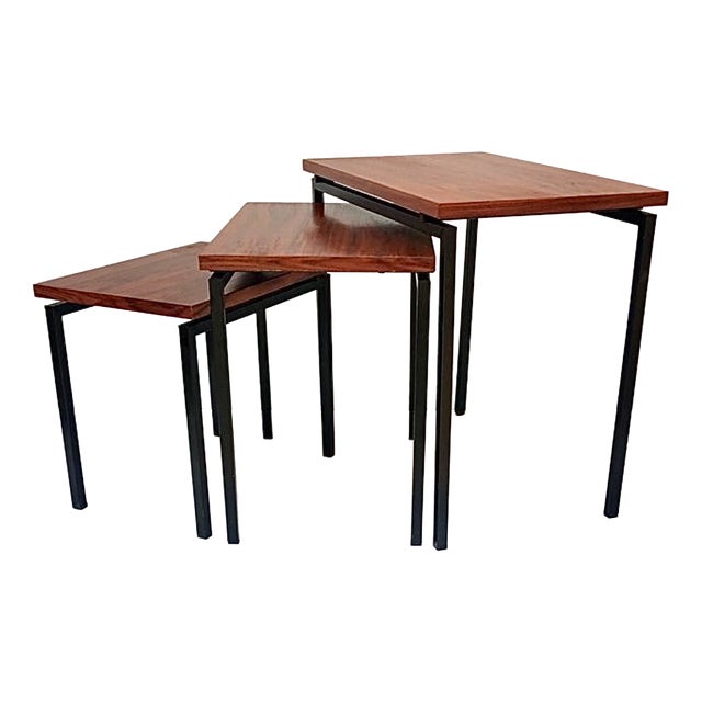 Nesting Tables in Teak and Black Iron by Cees Braakman for Pastoe, 1950s, Set of 3 For Sale