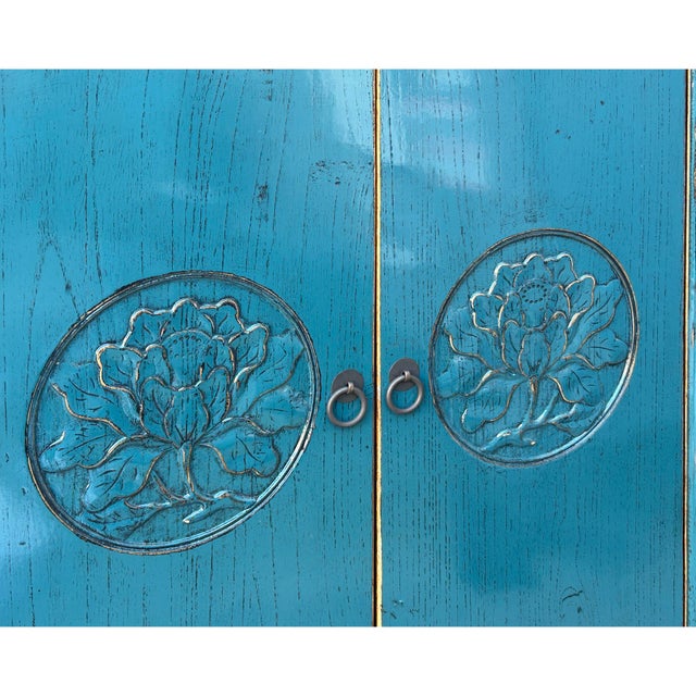 2000 - 2009 Distressed Teal Blue Lotus Carving Tall Credenza Storage Cabinet For Sale - Image 5 of 6