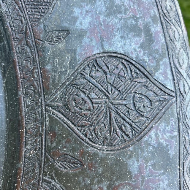 Mid-Century 25" Persian Tinned Copper Shallow Basin Tray Table on Wood Stand 28” For Sale - Image 6 of 12
