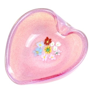 Fratelli Toso Murano Vintage Millefiori Wild Flowers Pink Opalescent Italian Art Glass Heart Bowl For Sale