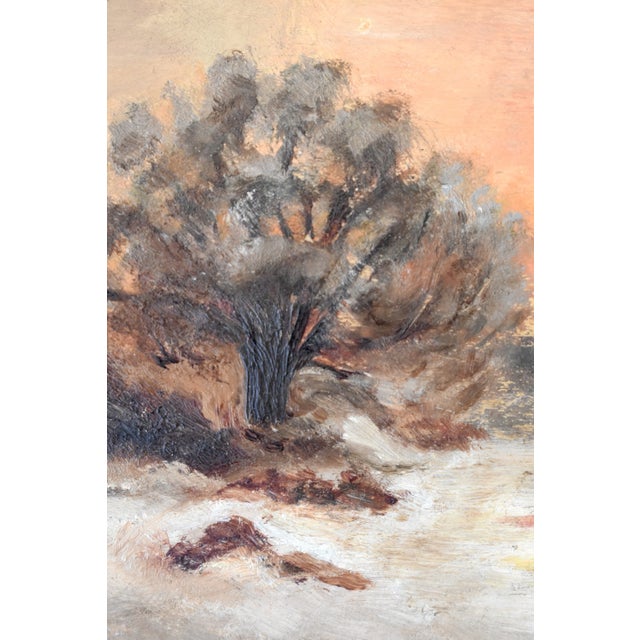 Vintage Impressionist Snowy Daybreak / Sunset Landscape on Board, Circa Mid 20th Century For Sale - Image 4 of 11