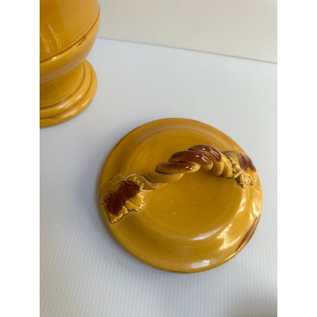 Mustard Vintage Arte Italica Ceramic "Sole Mustard" Collection 10" Tall Yellow Jar With Lid Grapes Leaves Design Made in Italy For Sale - Image 8 of 13