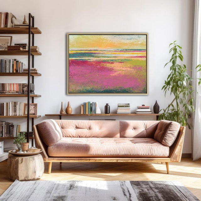 Bold and vibrant, this contemporary seascape bursts with expressive color and dynamic energy. Layers of radiant yellow,...