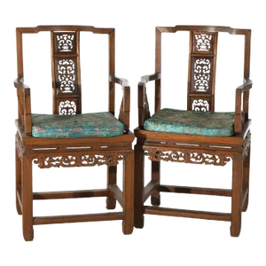Pair of Chinese Carved Hardwood Throne Armchairs With Silk Cushions Mid-20th Century