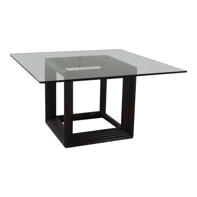 1970s MidCentury Modern Large Square Thick Glass Top Rattan Cube Base